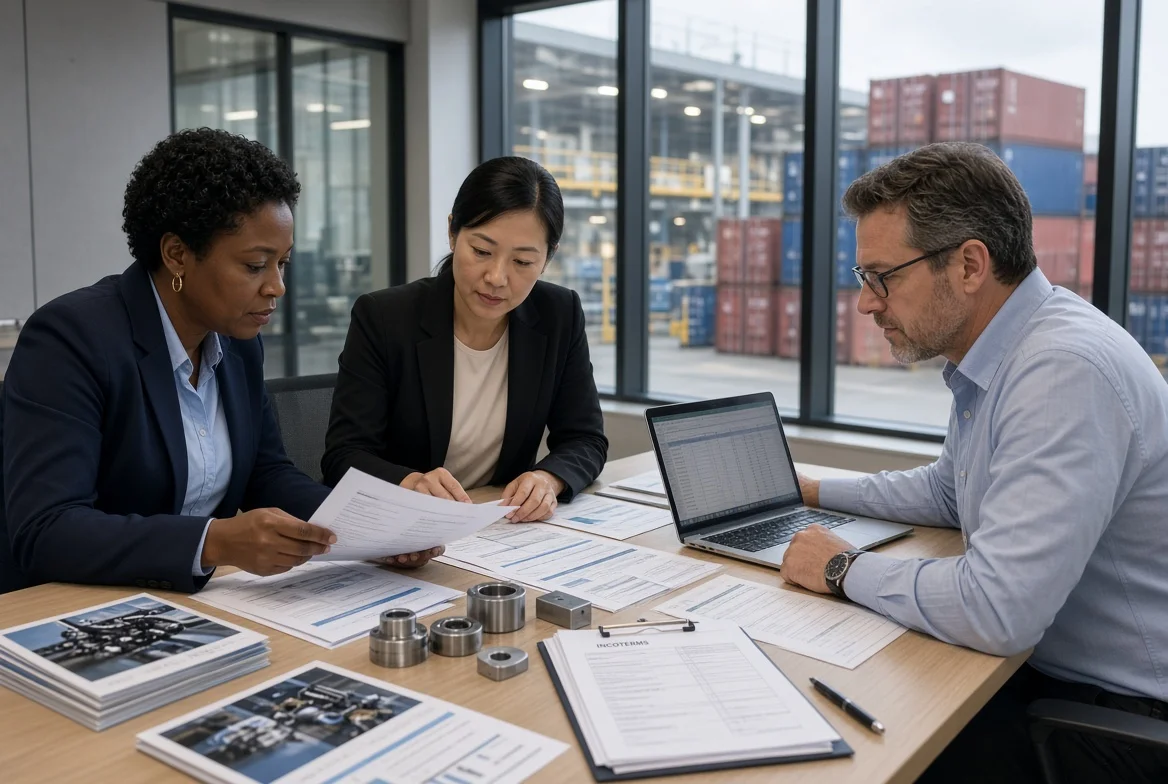 International procurement team in an industrial setting reviewing factory quotations, product specifications, inspection results, Incoterms, and shipping documents for cross-border manufacturing supply