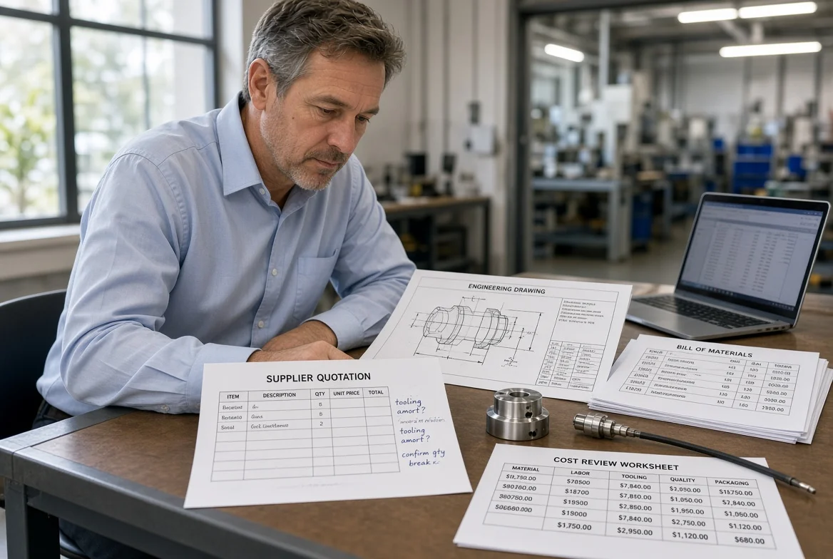 Buyer conducting manufacturing quote analysis at a desk with a supplier quotation, technical drawing, bill of materials, part samples, and a cost-review worksheet covering materials, labor, tooling, and packaging.