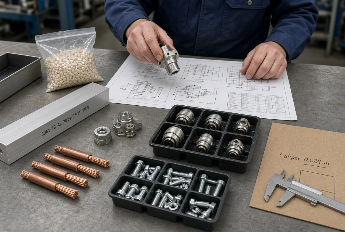 Engineer comparing aluminum stock, resin pellets, cable conductors, connectors, and packaging board to a manufacturing drawing and BOM to review material cost factors in a supplier quote.