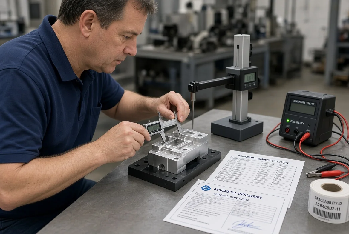 Quality inspector measuring a machined part beside a dimensional report, material certificate, cable continuity tester, and traceability labels used to verify inspection and compliance costs in a manufacturing quote.