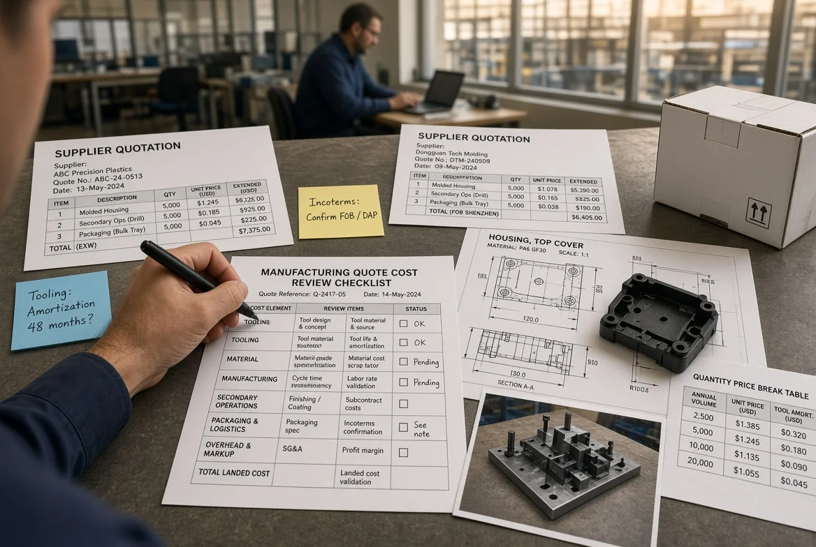 Procurement buyer using a manufacturing quote cost review checklist with supplier quotations, drawings, part samples, packaging, and quantity price-break notes before approving a quote.