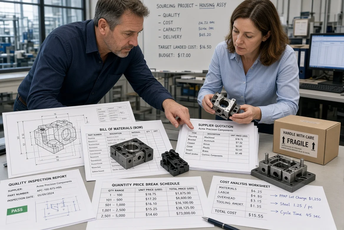 Sourcing professionals reviewing a manufacturing quotation beside technical drawings, material samples, tooling reference, quantity schedule, quality records, and packaging details to identify key manufacturing cost drivers before approving a supplier quote.