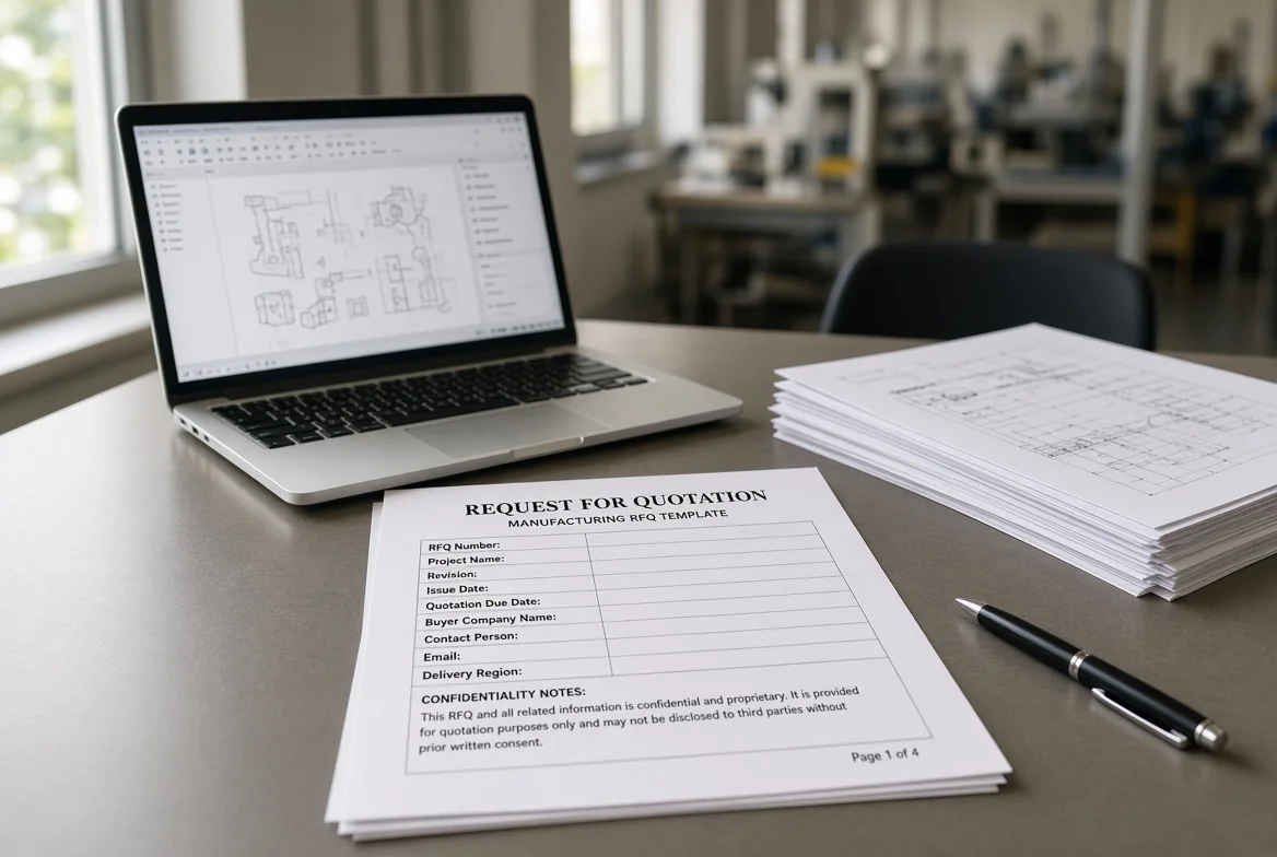 Professional manufacturing RFQ template header on laptop and printed form showing RFQ number, project name, revision, buyer contact details, and document control instructions in a clean procurement workspace