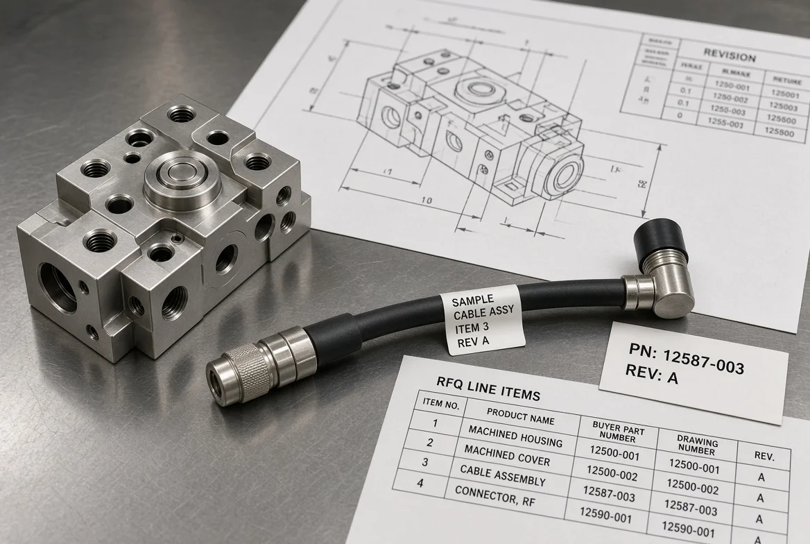 Precision machined component and cable assembly sample placed beside a technical drawing and RFQ line-item table linking physical product to controlled part numbers and revision data