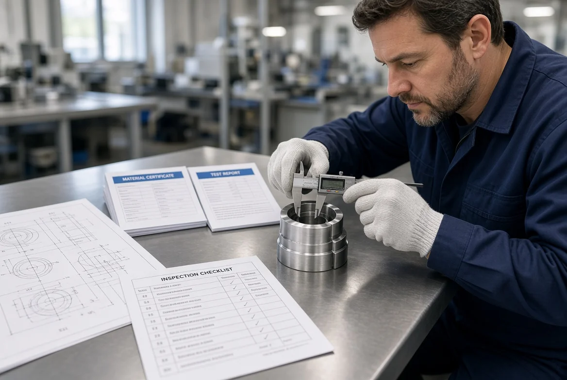 Factory quality inspector using digital calipers on a finished component with technical drawing, inspection checklist, and test report visible on the workbench
