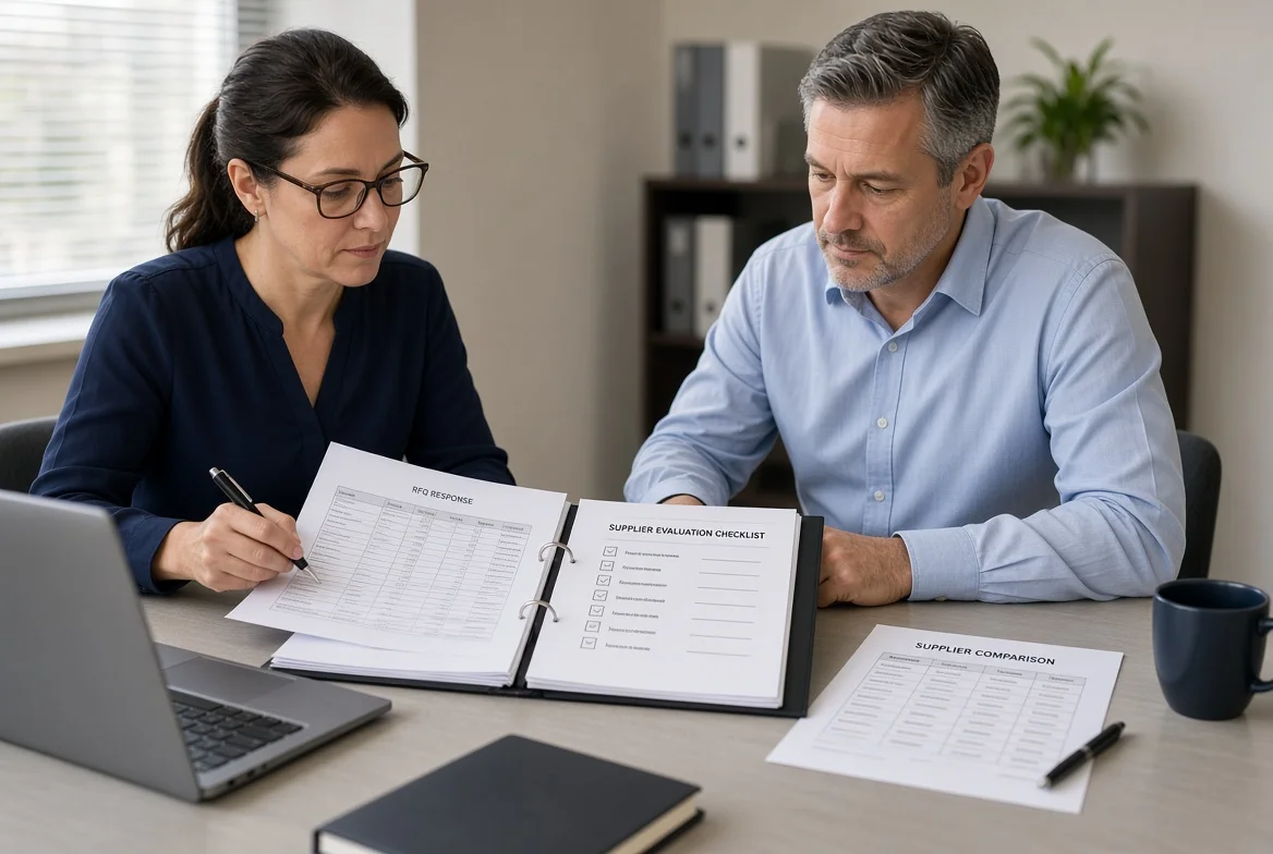 Two procurement managers comparing printed supplier quotations and structured evaluation checklist on a conference table with RFQ documents