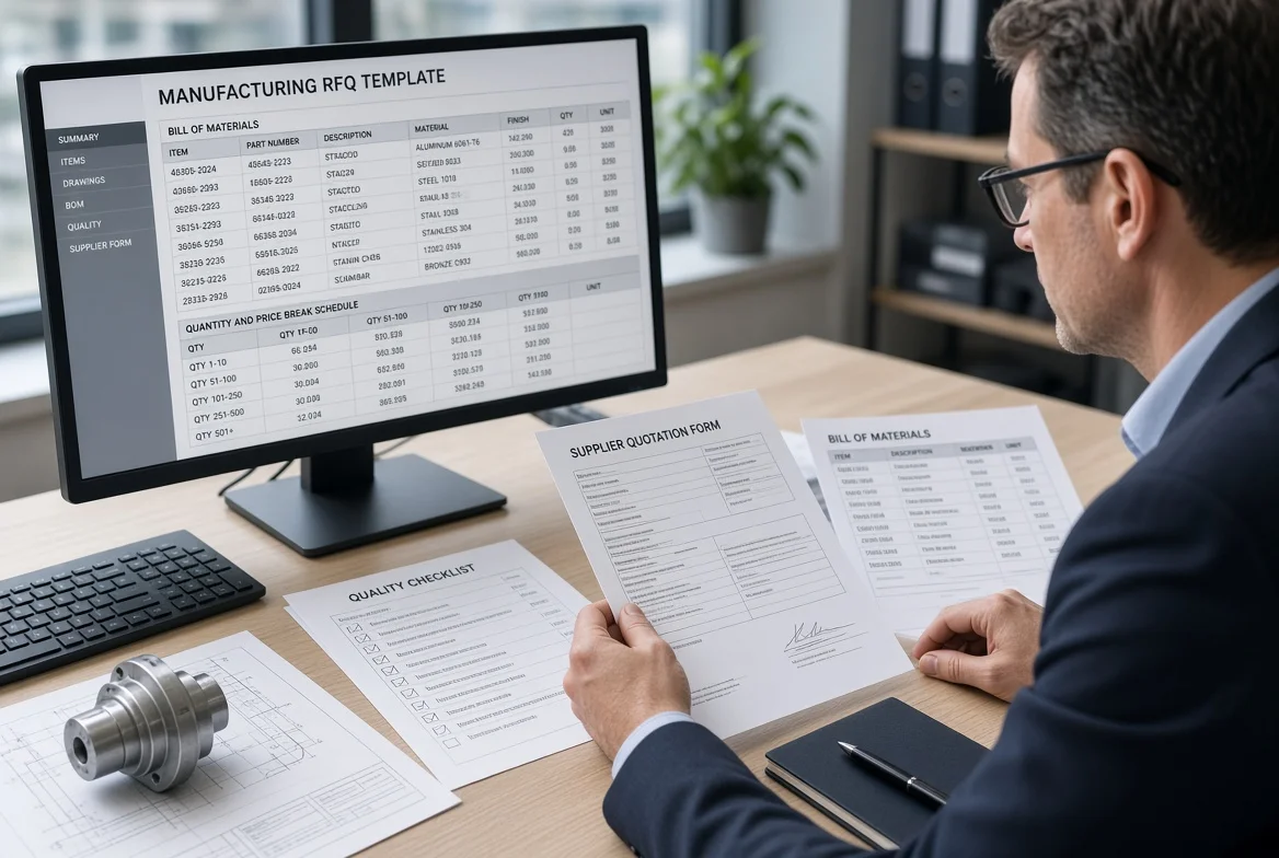 Procurement manager reviewing a structured manufacturing RFQ template alongside technical drawings, product sample, BOM, quantity schedule, quality checklist, and supplier quotation fields in a professional sourcing workspace