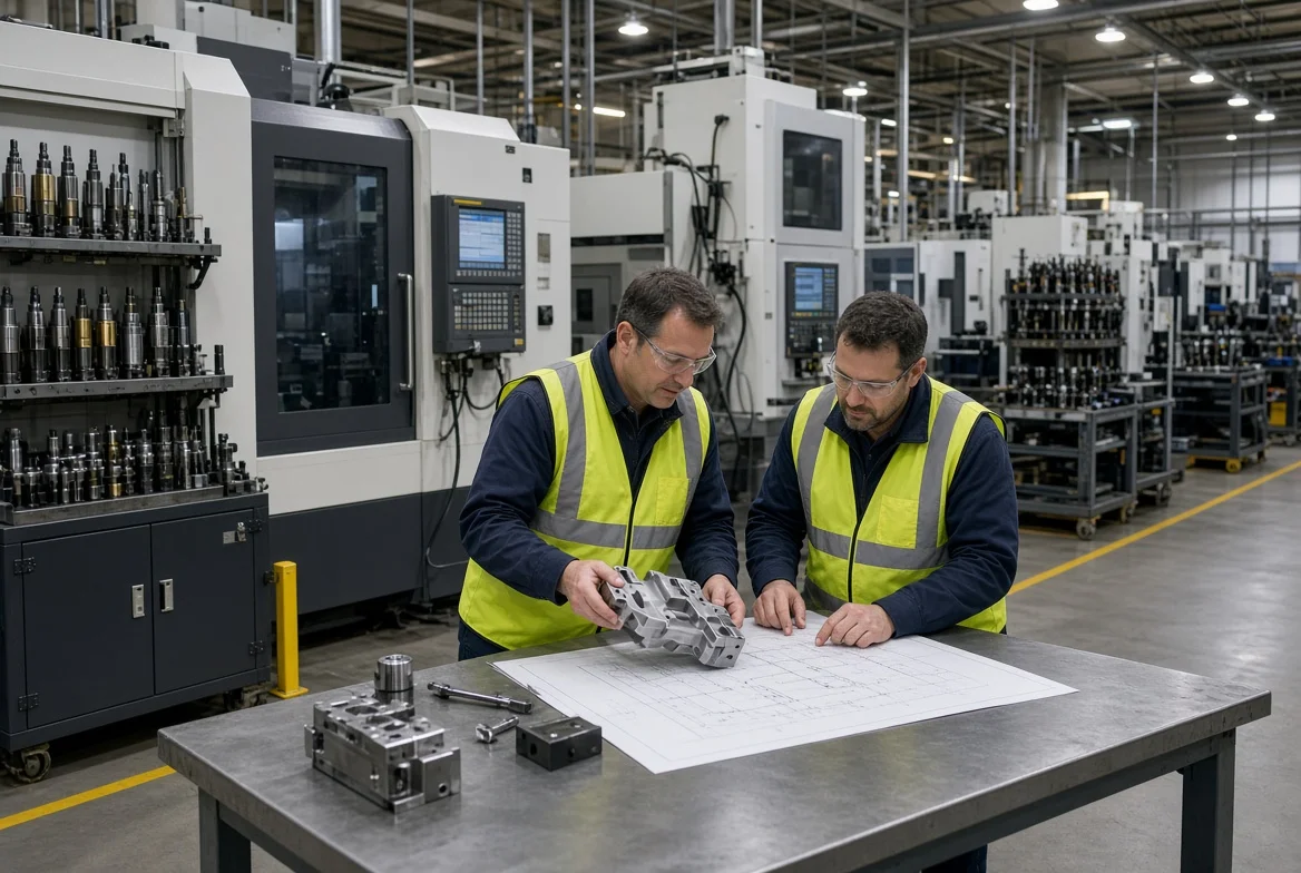 Engineers reviewing custom OEM components beside CNC and molding equipment during manufacturing supplier capability assessment