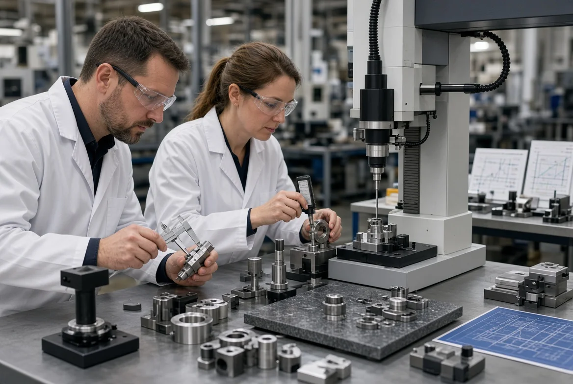 Quality inspectors checking custom OEM parts with gauges and test equipment at a factory quality control station