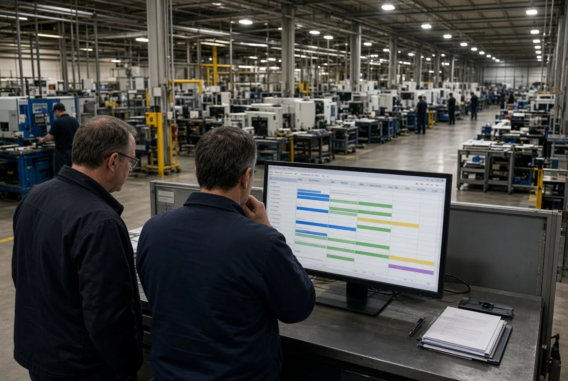 Manufacturing plant floor with production lines and scheduling boards used to assess OEM supplier capacity