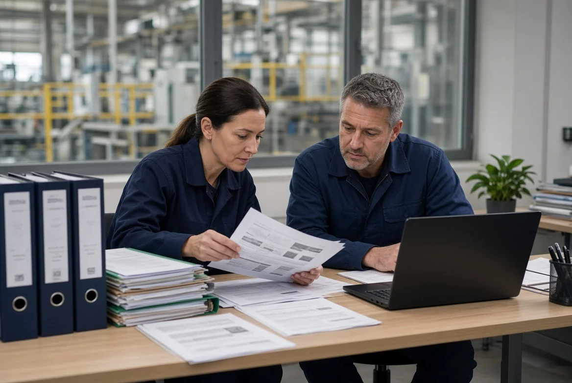 Compliance engineer reviewing ISO certificates and material test reports for OEM product manufacturing requirements