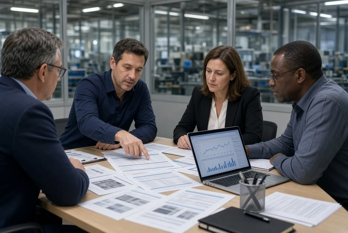 Procurement and quality team reviewing a manufacturing supplier evaluation checklist and performance data with a supplier