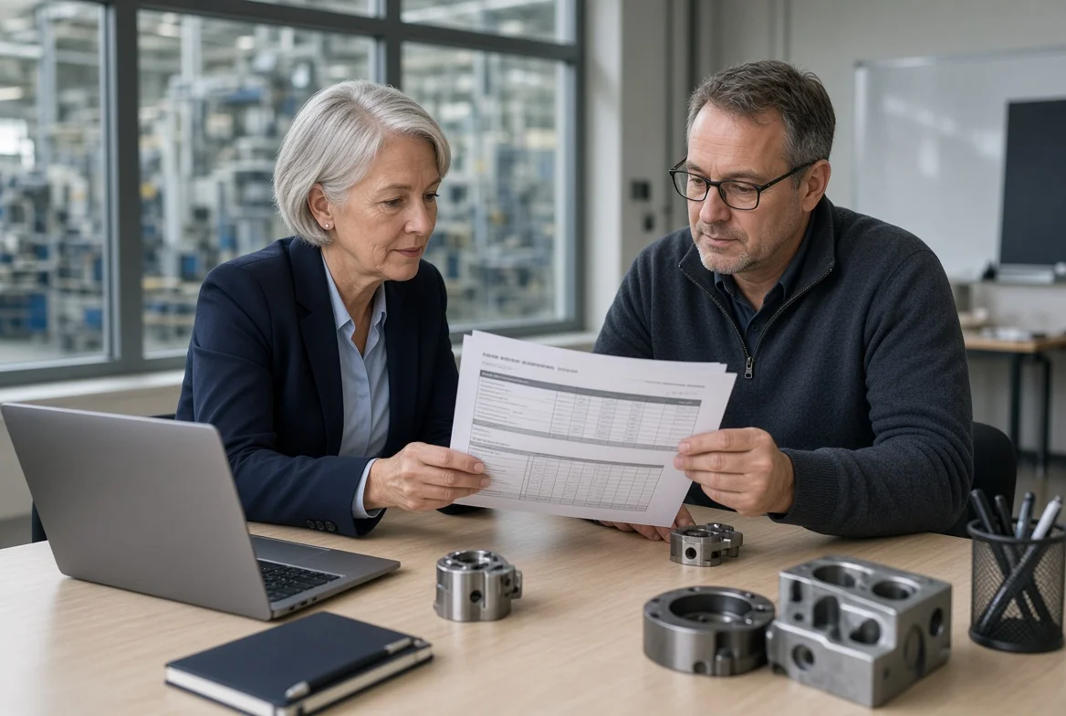 Procurement manager and quality engineer using a manufacturing supplier evaluation checklist and audit documents to assess an OEM manufacturing supplier