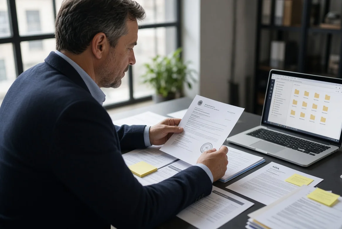 Procurement professional examining business registration certificates, tax papers, supply contracts and NDA pages at a conference table before approving a new supplier