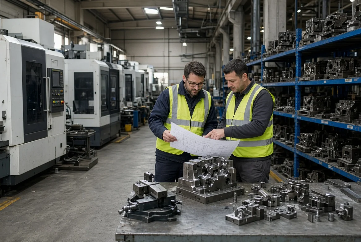Manufacturing workshop with CNC machines, molds and engineers reviewing a component drawing during technical capability verification of a new supplier