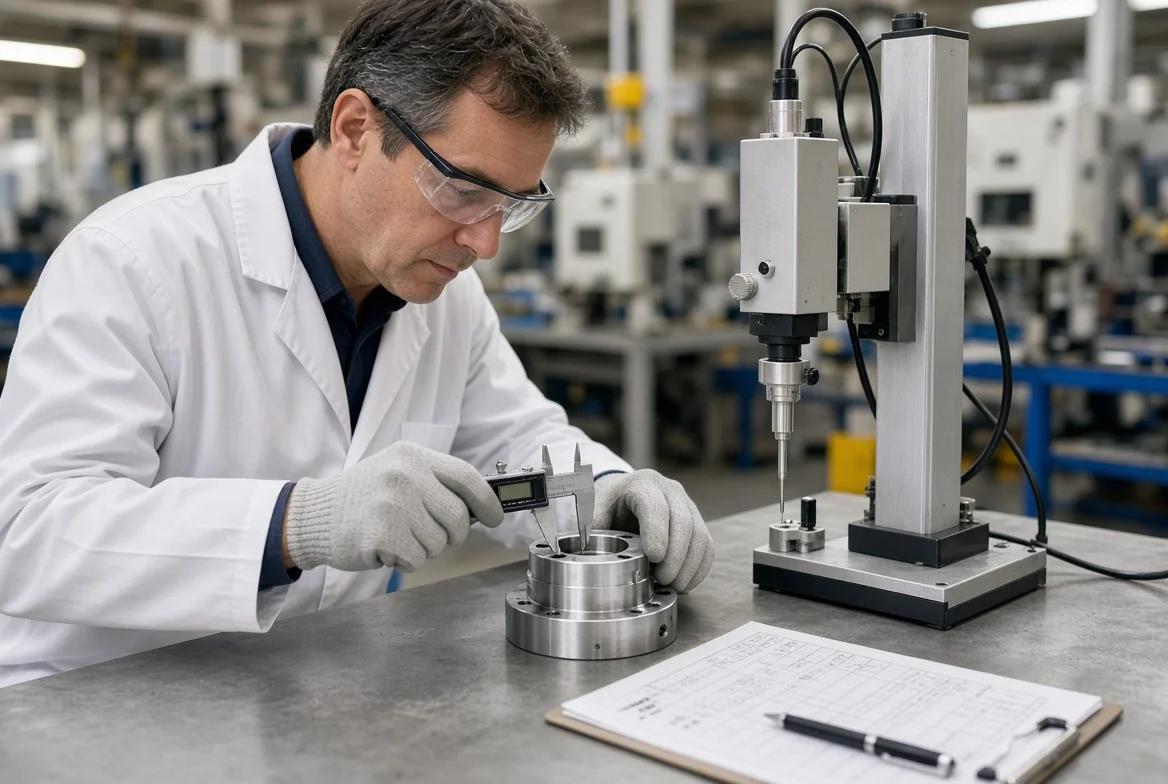 Quality inspector measuring a machined part with a digital caliper at a factory inspection bench as part of pre-PO quality process verification