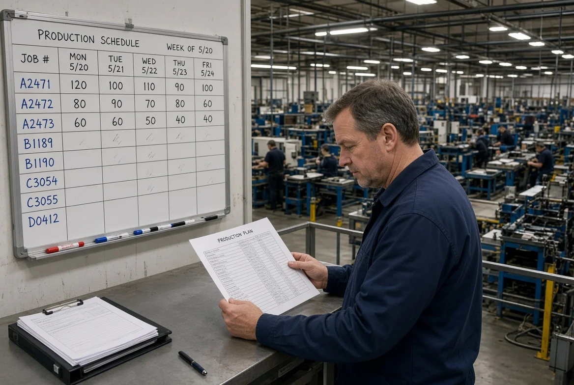 Supervisor reviewing a handwritten production planning board overlooking a busy factory floor during capacity verification before a first purchase order