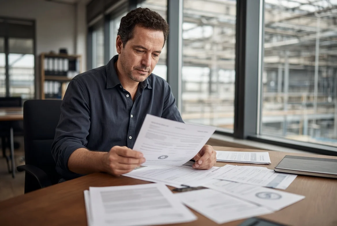 Procurement and quality staff checking printed compliance reports, material declarations and risk notes on a meeting table before placing a first purchase order