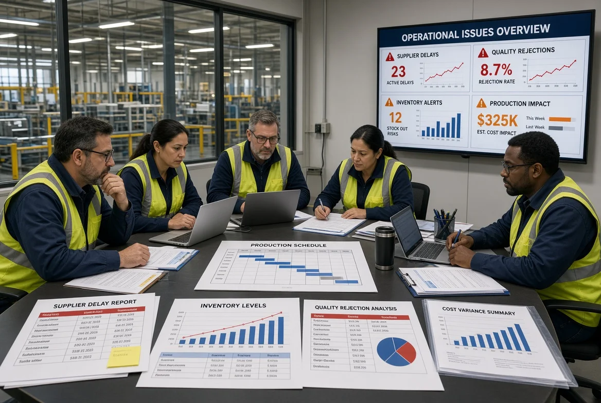 Cross-functional manufacturing procurement and operations team in a factory conference room analyzing supplier delay reports, quality rejection forms, inventory levels and production schedules