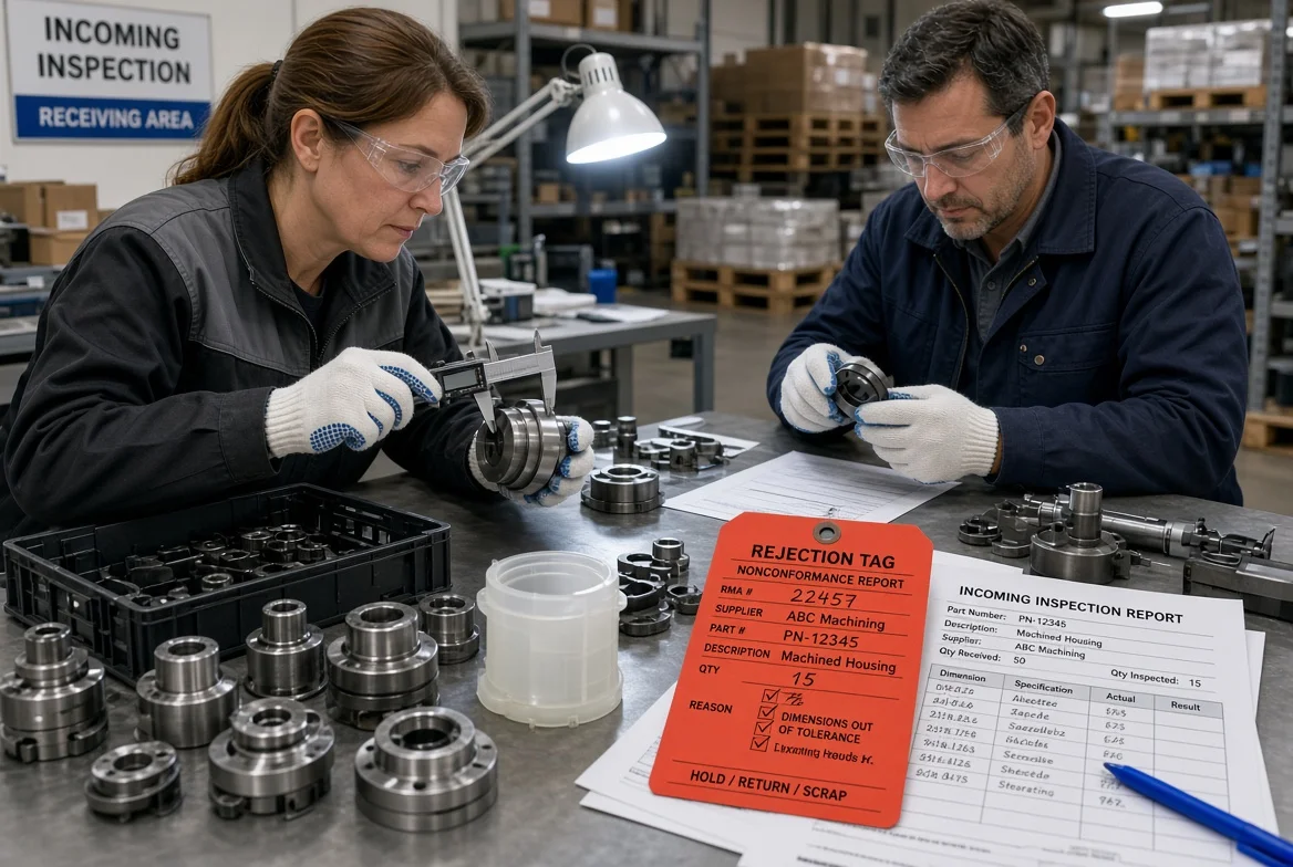 Quality inspectors in a manufacturing receiving area examining incoming metal and plastic components with calipers and gauges under inspection lights, rejection tags visible