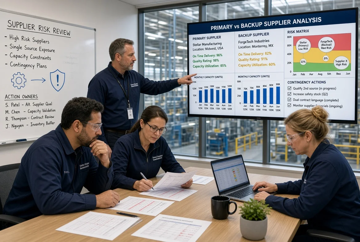 Manufacturing procurement professionals reviewing a supplier risk matrix, primary versus backup supplier profiles and capacity charts in a factory planning office