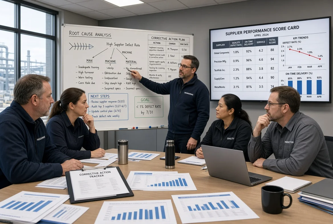 Manufacturing procurement improvement meeting with team members examining root-cause analysis, corrective action owners deadlines and supplier performance KPIs