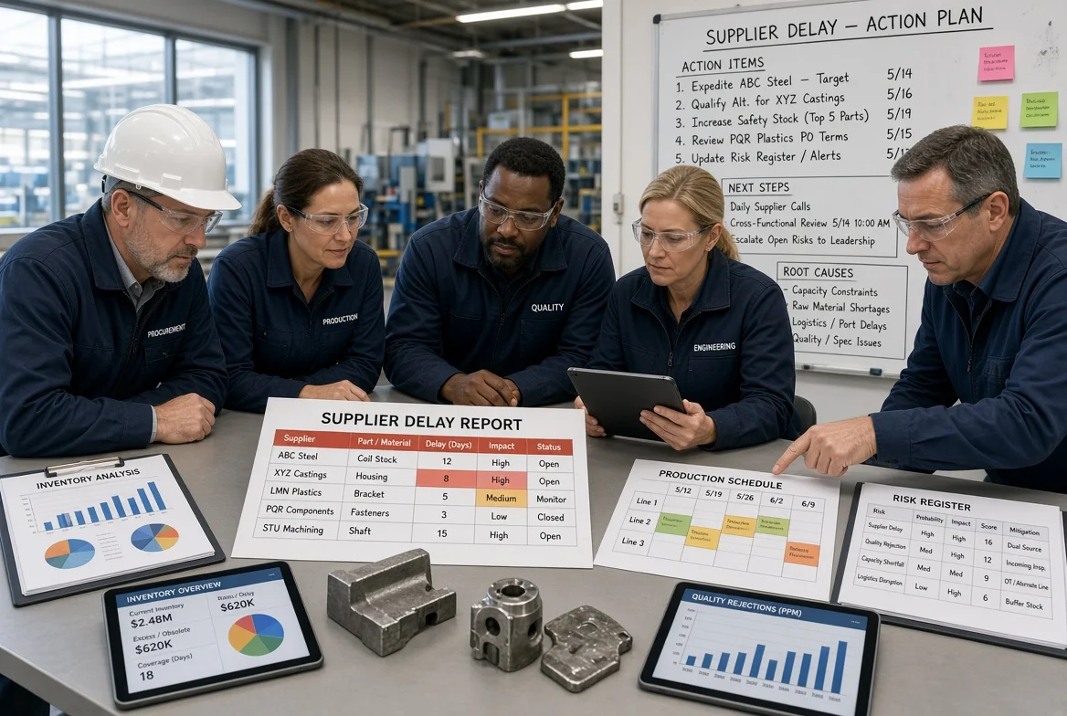Cross-functional manufacturing professionals in a factory planning room reviewing supplier delays, quality issues, inventory and production risk data to identify root causes and practical solutions