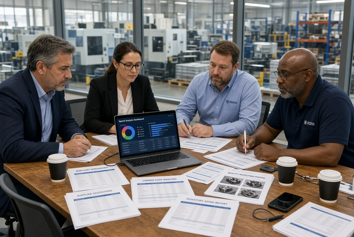 Procurement, operations, and finance professionals comparing supplier quotations, landed-cost sheets, inventory reports, and quality records during a cost-optimization review in a factory-adjacent meeting room