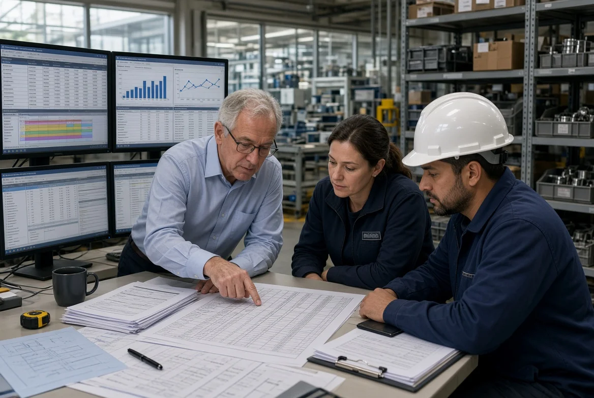 Senior manufacturing procurement manager and production planners examining BOM documents, MRP system screens, supplier lead time data, and inventory status in a factory planning office
