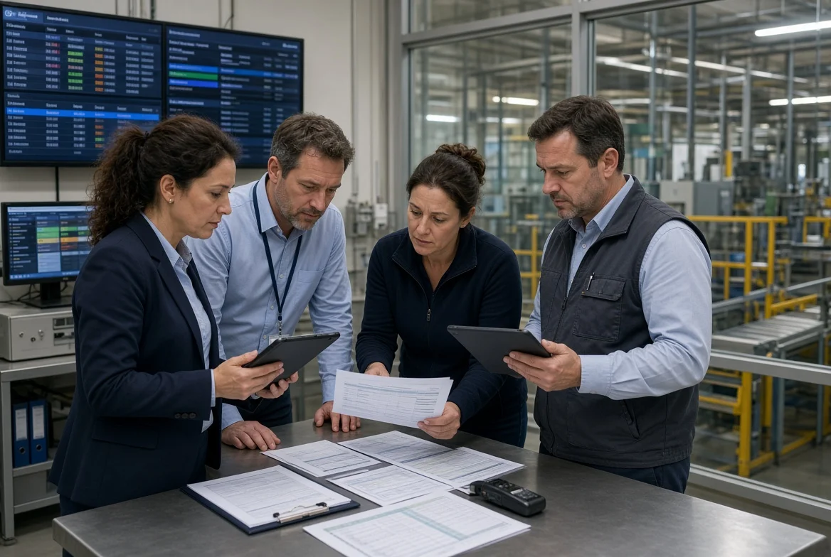 Manufacturing planners and procurement staff reviewing supplier capacity reports, warehouse inventory shortages, and delayed material tracking boards in a factory control room