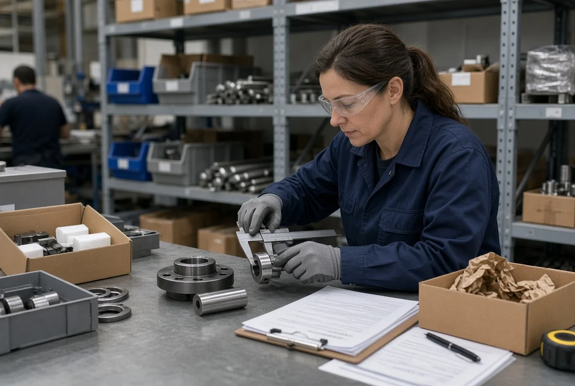 Quality inspection personnel checking dimensions of manufactured components, reviewing quality documents, and preparing materials for production release in a factory receiving area