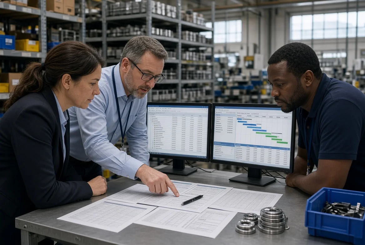 Procurement manager, production planner, and operations team reviewing BOM requirements, MRP data, supplier lead times, inventory levels, and material availability plans in a professional manufacturing environment