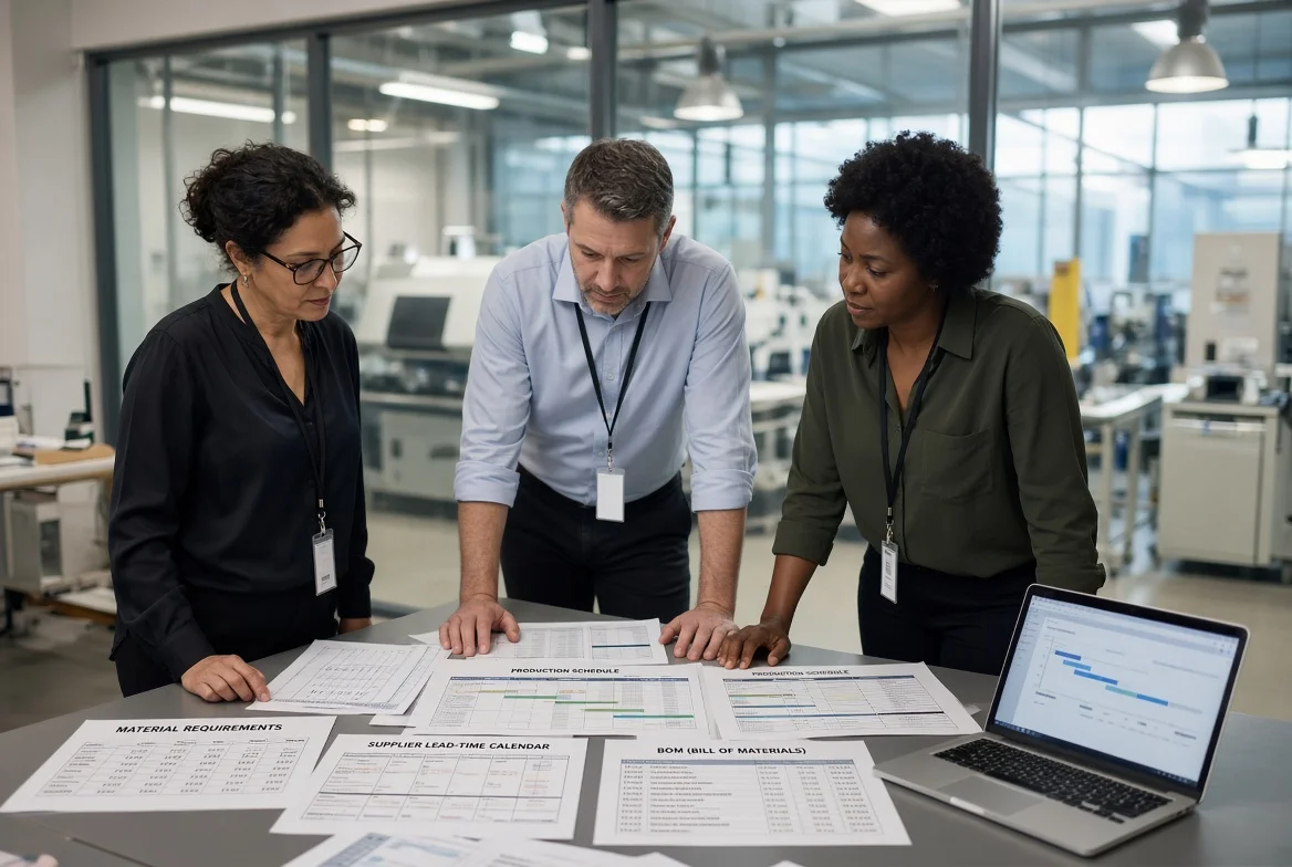 Cross-functional procurement and operations team in a manufacturing planning room reviewing material requirements, supplier lead times, and purchasing priorities on printed schedules and screens.