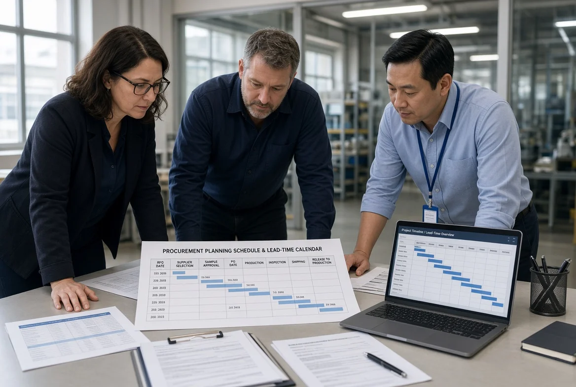 Procurement buyers and operations staff reviewing a procurement planning workflow and lead-time calendar covering requirement dates, supplier selection, and delivery monitoring.