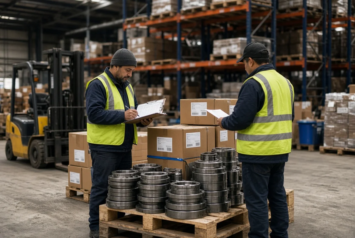 Industrial warehouse receiving area where staff check imported manufacturing materials, pallets, and shipment documents after international supplier delivery.