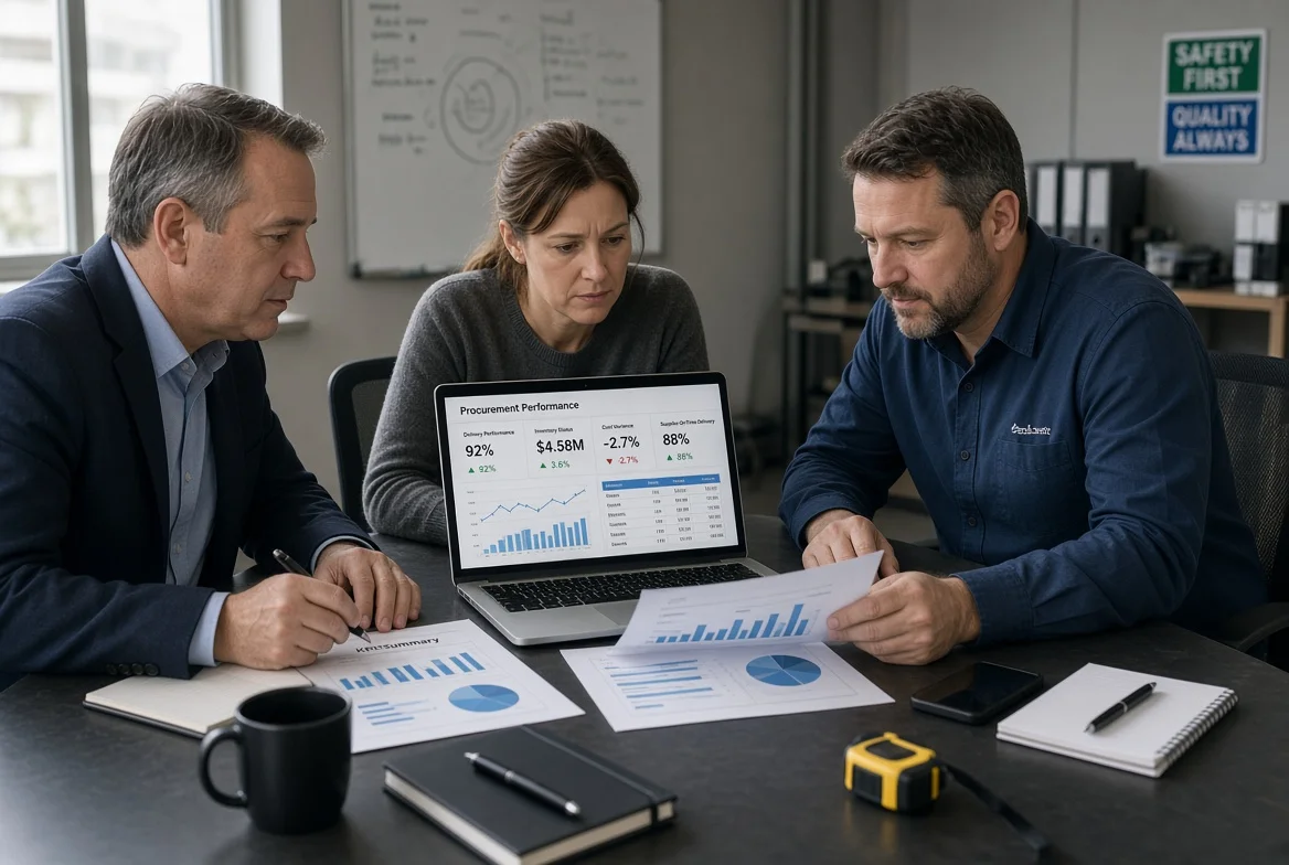 Procurement manager and operations colleagues reviewing delivery dates, inventory status, cost variance, and supplier performance during a planning accuracy meeting.