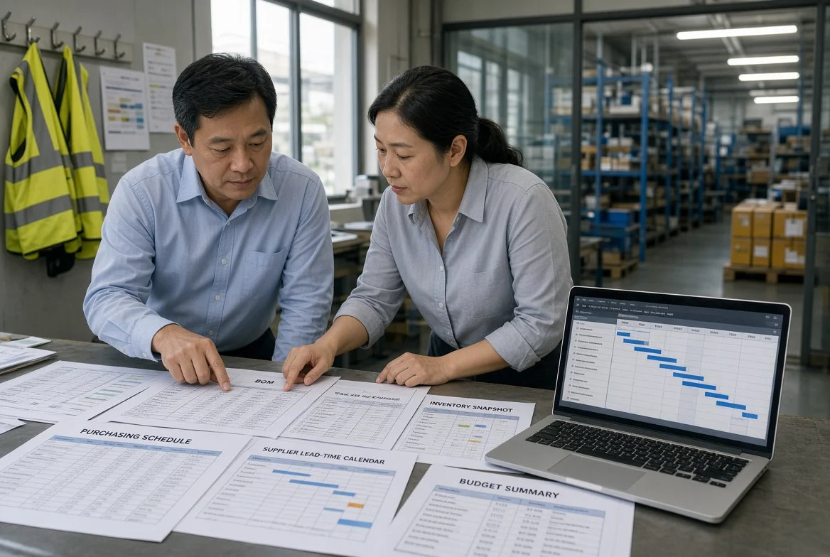 Professional B2B procurement planning scene of a procurement manager and production planner reviewing a purchasing schedule, material requirements, supplier lead times, inventory, and budget in a manufacturing operations room.