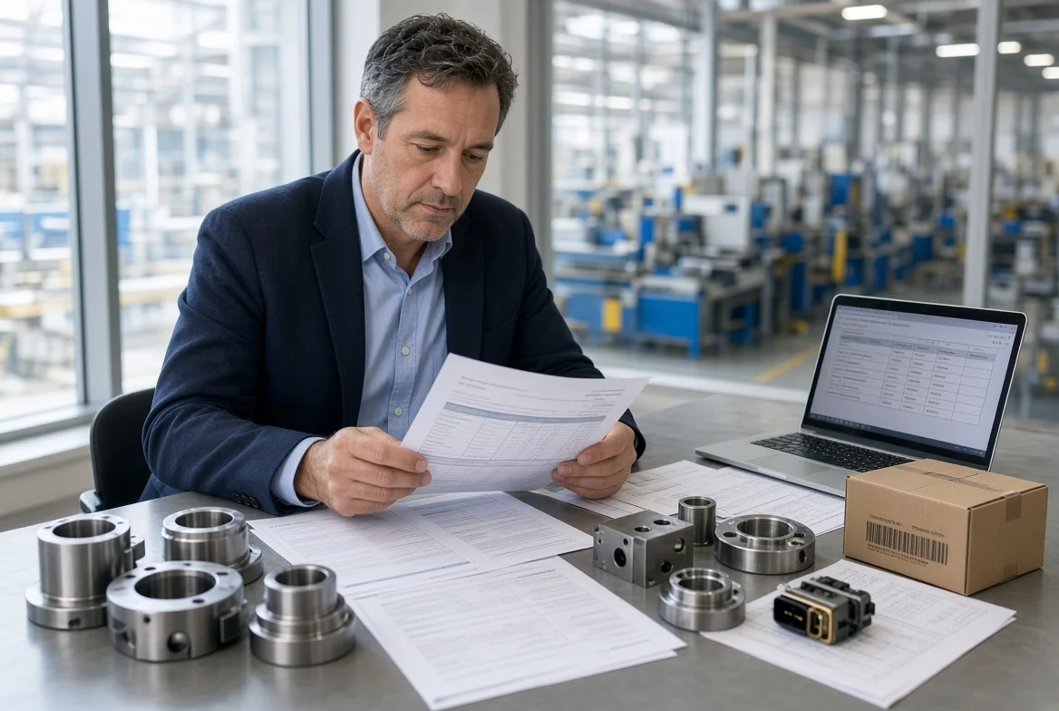Procurement professional reviewing supplier comparison sheets, quality certificates, inventory reports and sample parts from manufacturing, packaging and electronics on an industrial office table