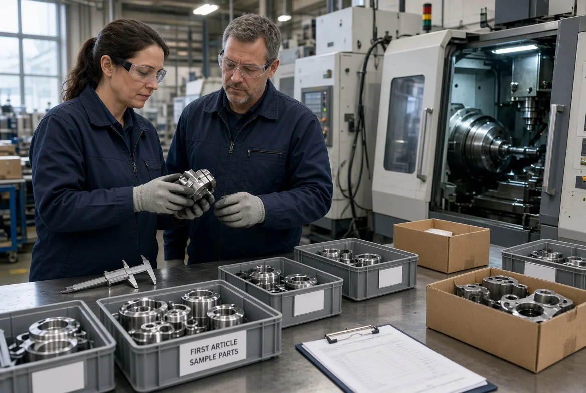 Quality engineer and procurement specialist inspecting precision machined metal parts with calipers beside a CNC production line in a realistic factory