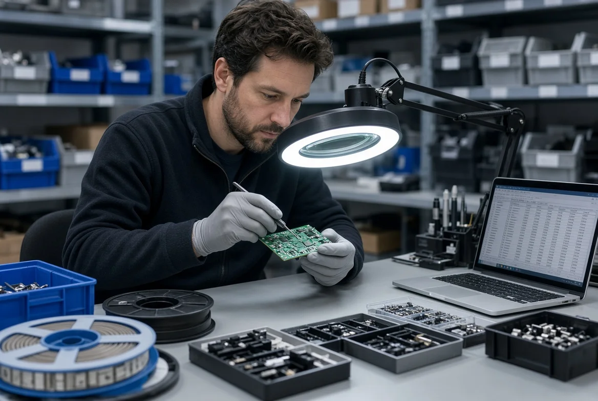 Engineer examining printed circuit boards and electronic component reels under a magnifier lamp in an electronics workshop with warehouse shelving behind