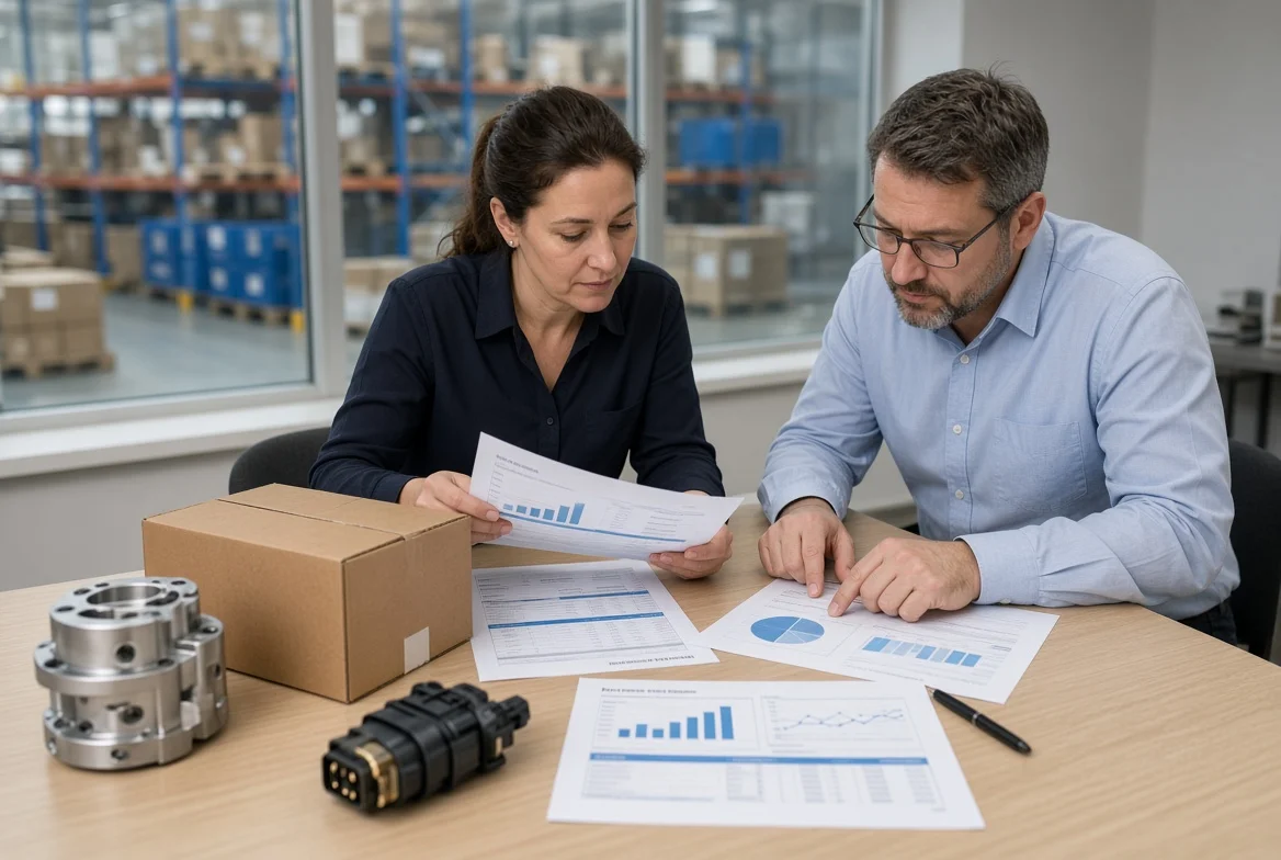 Two procurement professionals comparing supplier scorecards, landed-cost worksheets and industrial product samples at a conference table in a light industrial office