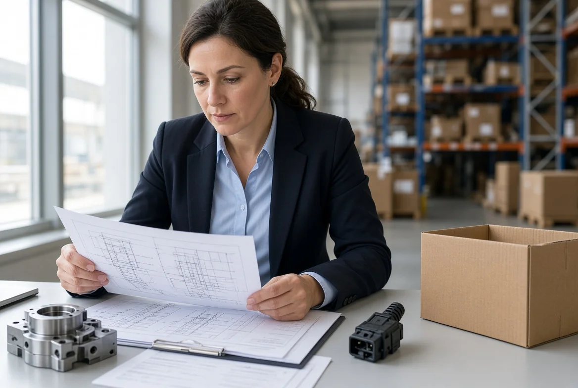 Procurement professional comparing technical drawings, quality reports and product samples from manufacturing, packaging and electronics on a work table in an industrial office with warehouse racking in the background