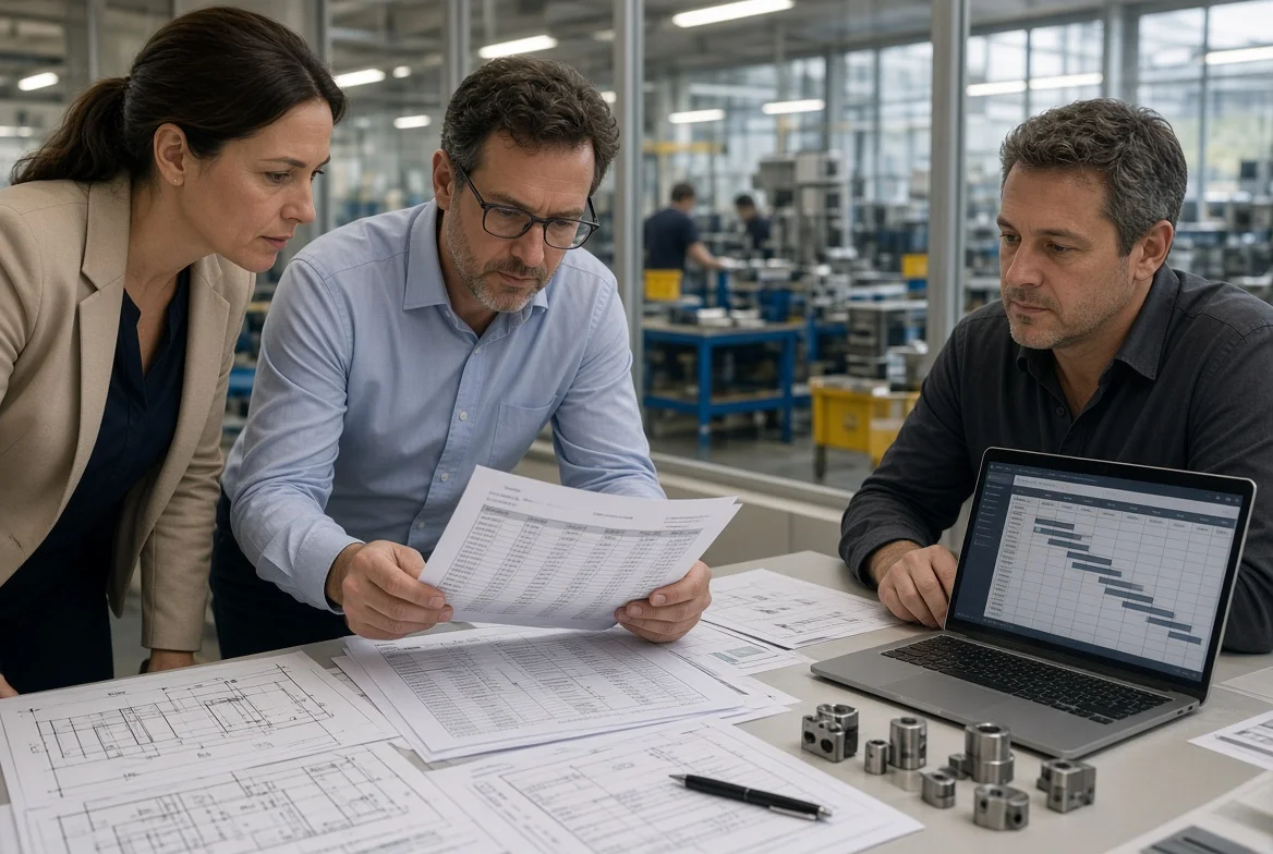 Procurement managers in a factory office compare BOM cost sheets, component drawings, and a production schedule while an assembly line runs in the background.
