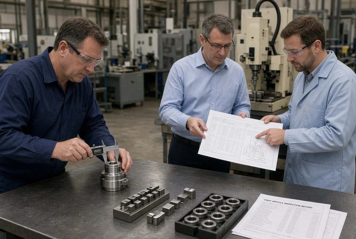 A quality inspector measures a machined component during incoming inspection as procurement and quality review the specification in a manufacturing plant.