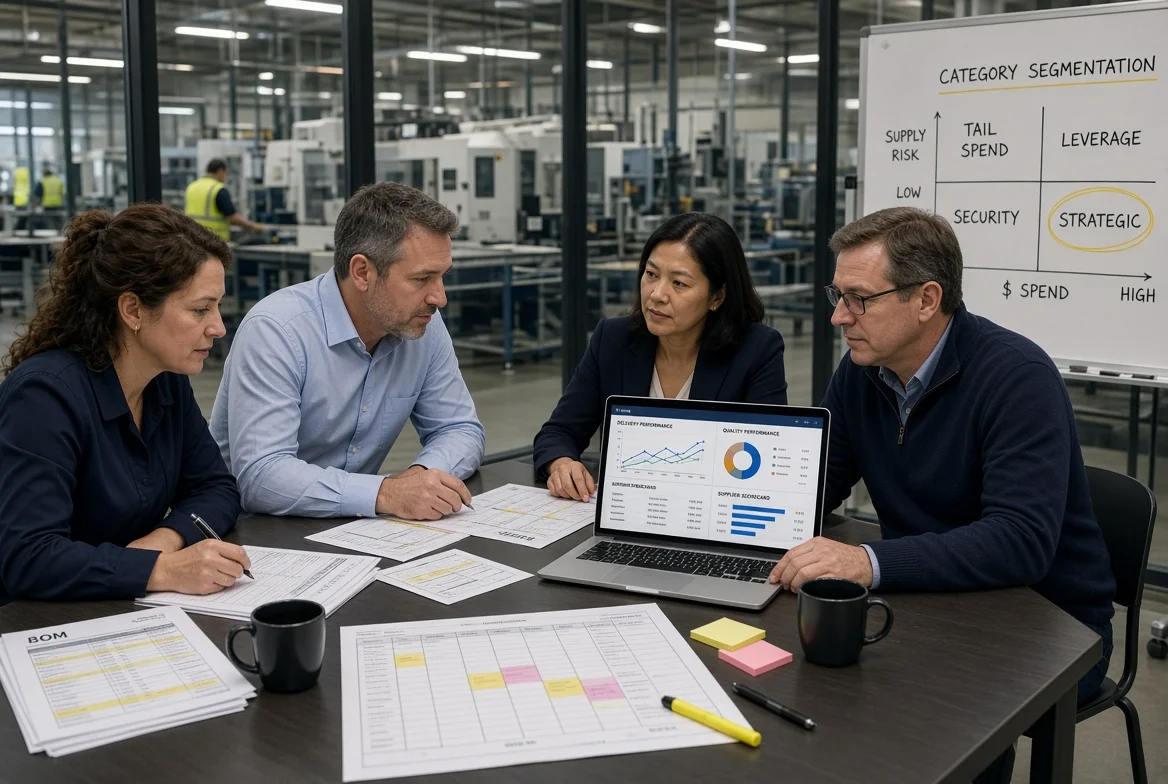 Manufacturing procurement, quality, and planning staff review supplier scorecards, a production calendar, and delivery metrics in a plant meeting room.