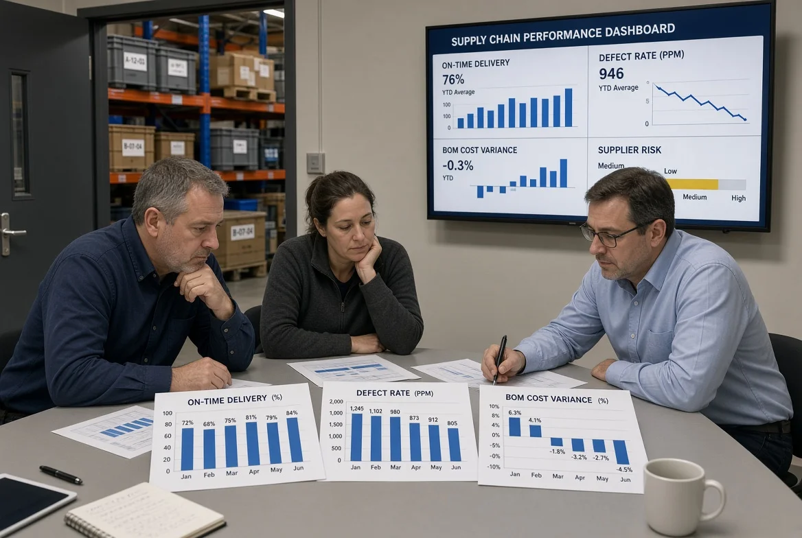 A manufacturing team reviews supplier on-time delivery, defect rates, and BOM cost variance during a procurement performance meeting beside the warehouse.