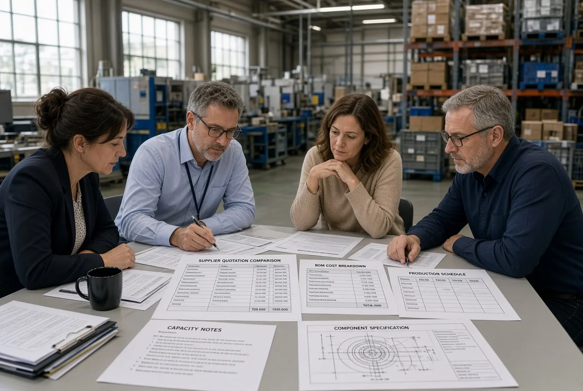 Procurement team in a manufacturing plant reviews supplier quotations, BOM cost data, component specifications, and production schedules to decide sourcing strategy.