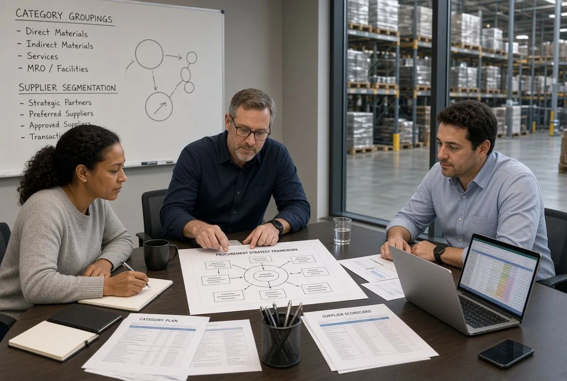 Procurement managers and sourcing staff review a procurement strategy framework map covering spend categories, supplier evaluation, and performance scorecards in an industrial planning room.