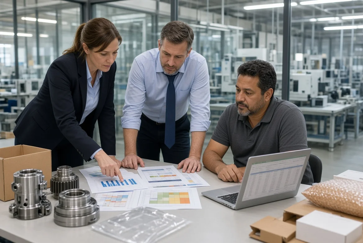 Operations, quality, and procurement colleagues review spend analysis, supplier performance, and risk controls during a procurement framework meeting in a manufacturing office.