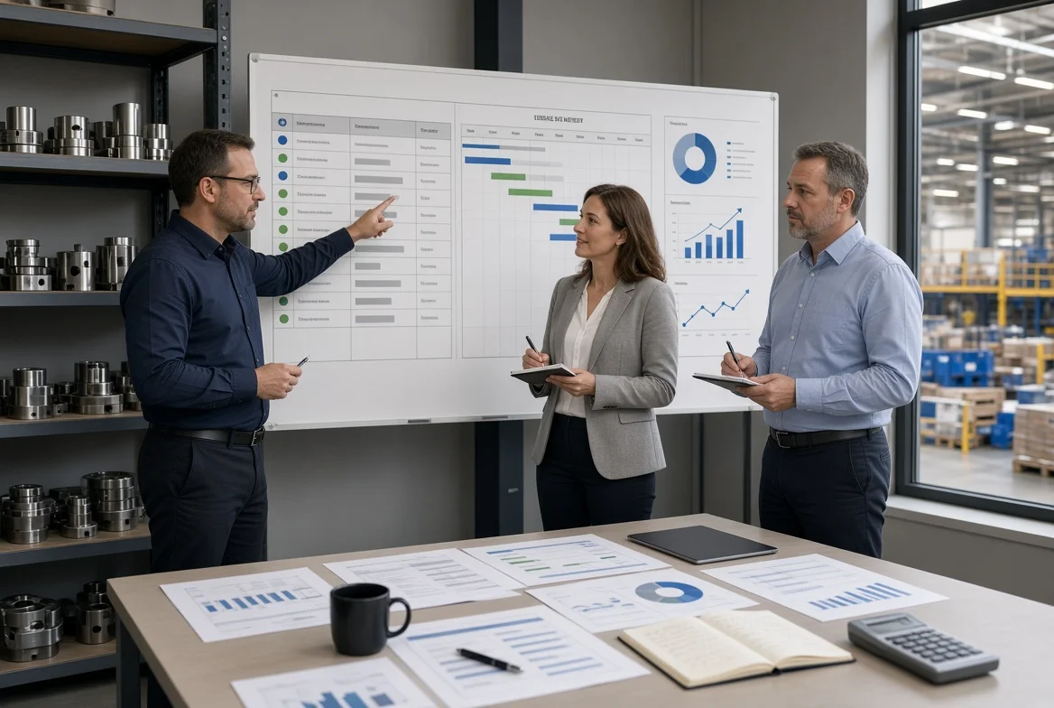 A procurement team assigns category owners, implementation milestones, and KPI reviews while building a procurement strategy framework for manufacturing purchases.